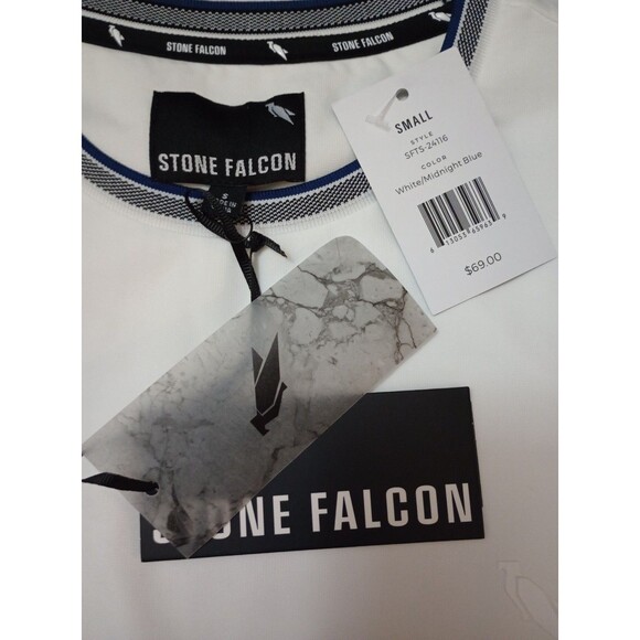 NWT Stone Falcon Crisp White Tee Shirt Navy Blue Border Size Small - Picture 4 of 7